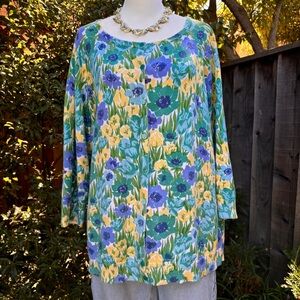 Talbots Size XL Floral Yellow Green 100% Cotton Cardigan Sweater Top Women